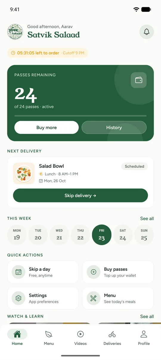 Satvik Salaad app home screen with bowls left and the next delivery